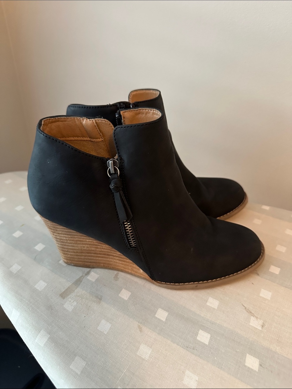 Black Wedge Ankle Booties with Side Zip as 8.5